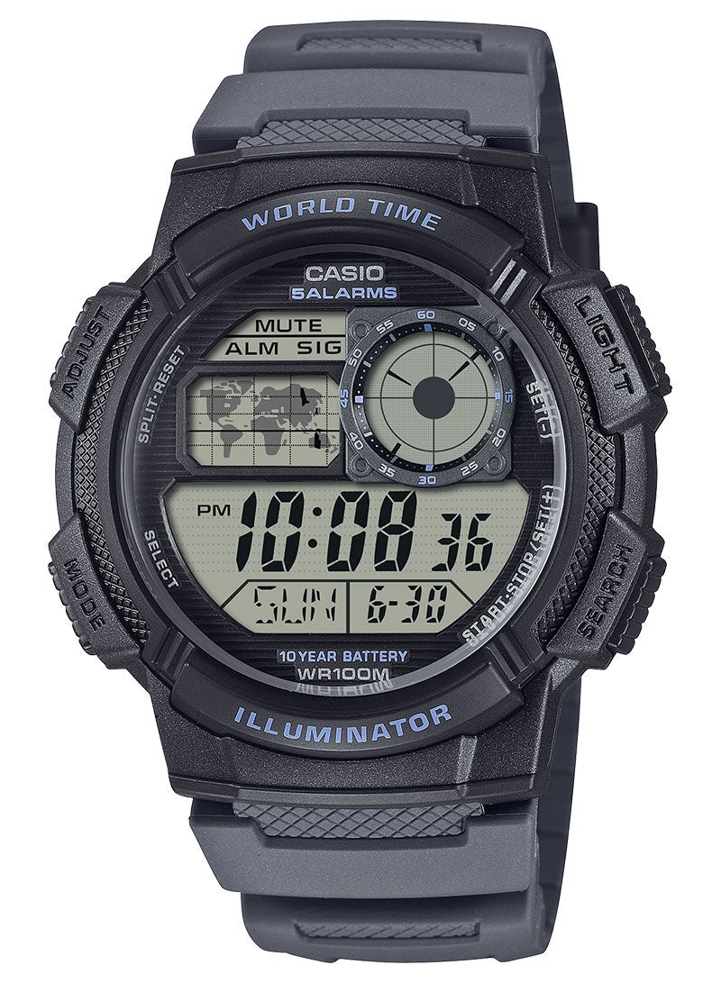 Casio AE-1000W-8A Men’s Digital World Time Watch – Grey Resin Strap, 100M Water Resistant, LED Light