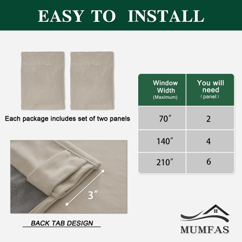 Mumfas Taupe Velvet Stretains لغرفة النوم 84 بوصة طول 2 لوحات - خفيفة الكاكي الستائر الطويلة لغرفة المعيشة 52 من 84 بوصة - Image 3