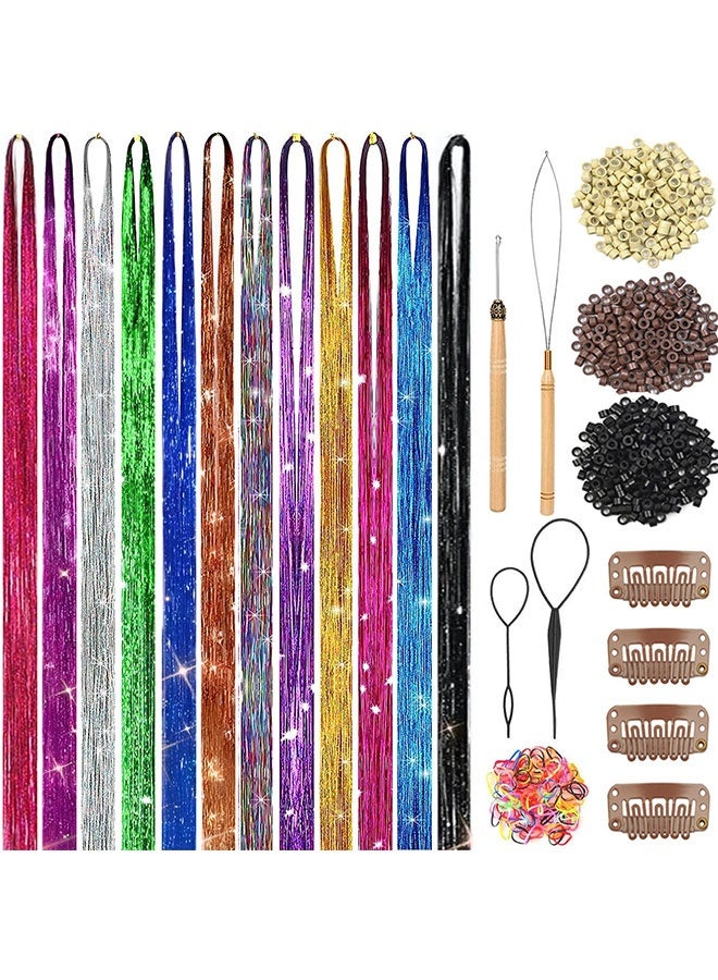 الشعر Tinsel Kit (48 بوصة ، 12 ألوان ، 3600 خيوط) ، Fairy Tinsel امتدادات الشعر مع الأدوات - جليتر الشعر Tinsel Kit إكسسوارات مقاومة للحرارة للبنات النساء الأطفال السنة الجديدة Cosplay - Image 1