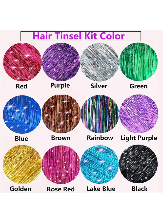 الشعر Tinsel Kit (48 بوصة ، 12 ألوان ، 3600 خيوط) ، Fairy Tinsel امتدادات الشعر مع الأدوات - جليتر الشعر Tinsel Kit إكسسوارات مقاومة للحرارة للبنات النساء الأطفال السنة الجديدة Cosplay - Image 3