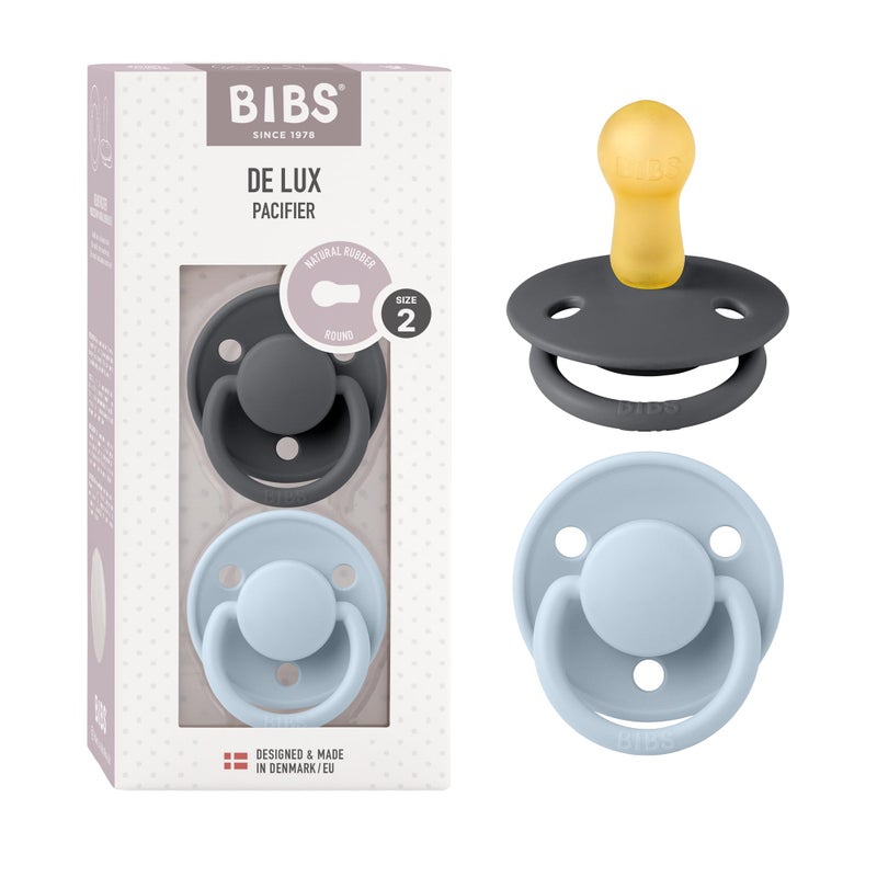 BIBS Pacifiers - De Lux Collection | BPA-Free Baby Pacifier | Made in Denmark | Set of 2 Iron/Baby Blue Color Premium Soothers | Size 6-18 Months - Image 1