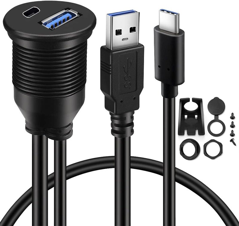 BATIGE Type C 3.1 and USB 3.0 Car Mount Flush Cable Waterproof Extension - 3ft - Image 1
