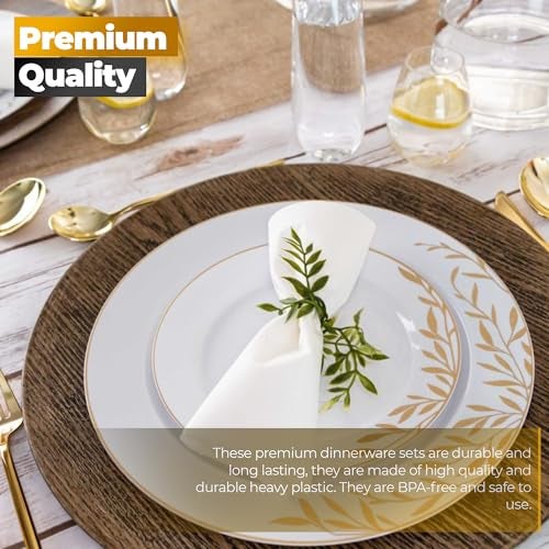 PLASTICPRO 64 Pack Elegant Disposable Plastic Plates Combo Set Includes 32 Dinner Plate and 32 Salad Plates Heavy Duty Fancy Party Dishes Gold Flower Design - Image 5