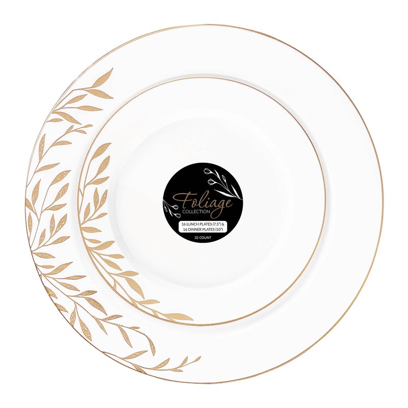 PLASTICPRO 64 Pack Elegant Disposable Plastic Plates Combo Set Includes 32 Dinner Plate and 32 Salad Plates Heavy Duty Fancy Party Dishes Gold Flower Design - Image 3