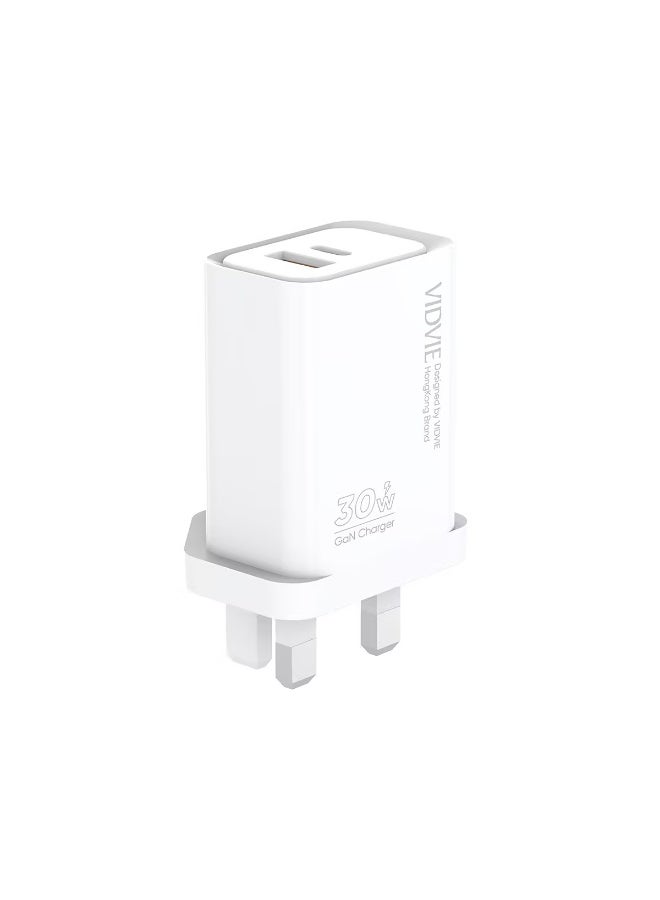 VIDVIE PLB182 30W GaN Fast Wall Charger USB-C PD & USB-A Dual Port - White
