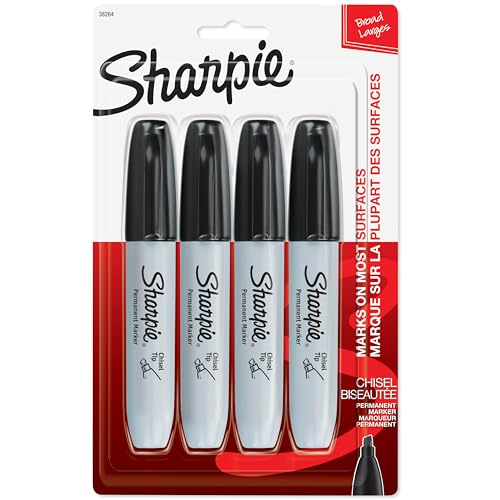 Sharpie Permanent Markers, Large, Chisel Tip, Black, 4 Count - Marks on Paper, Plastic, Metal, and More - Image 1