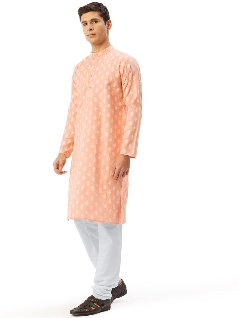 Jompers Men's Cotton Floral Printed Kurta. (Peach, XL) - Image 4