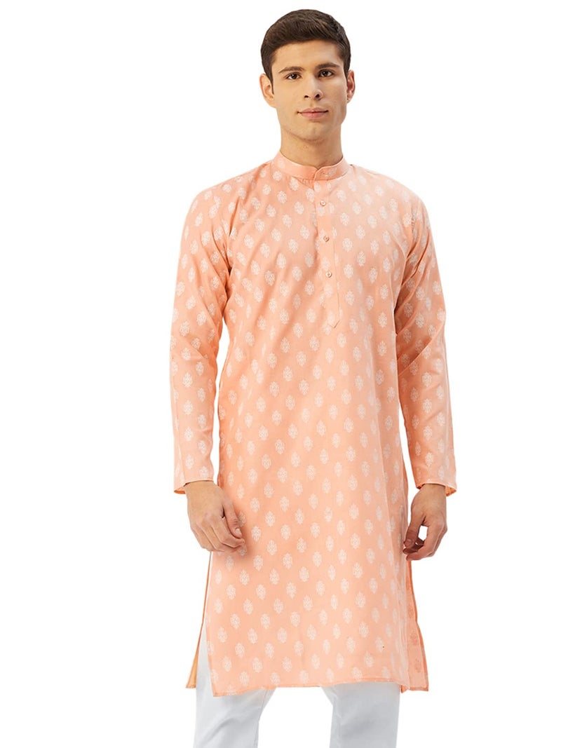 Jompers Men's Cotton Floral Printed Kurta. (Peach, XL) - Image 1