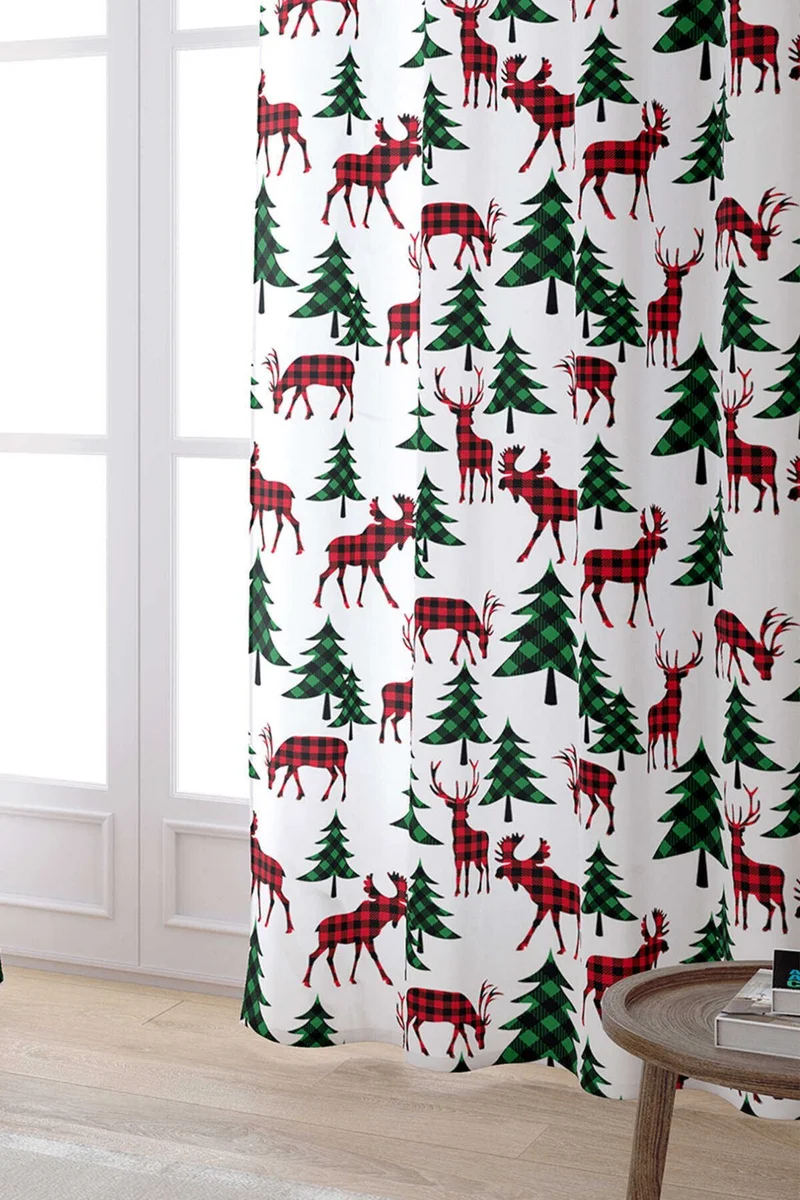Cango Home Red Green New Year Themed Plaid Patterned Digital Printed Curtain CGH792-PR