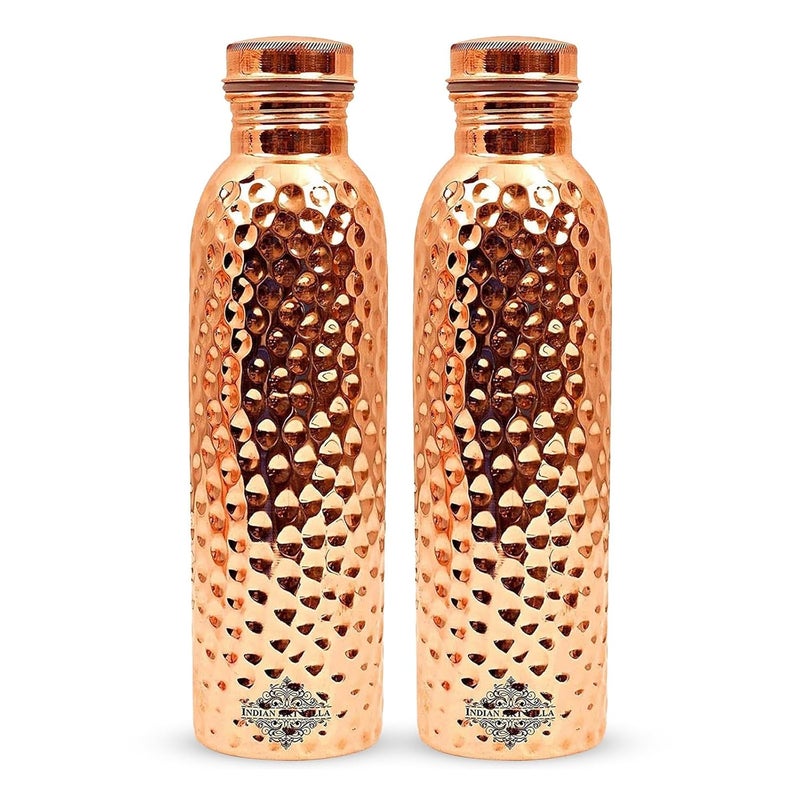 Indian Art Villa Copper Hammered Design Water Bottle 1000 ML Ayurvedic Health Benefits Ideal for Home Office Gym Travel and Gifting Pack of 2 - Image 2