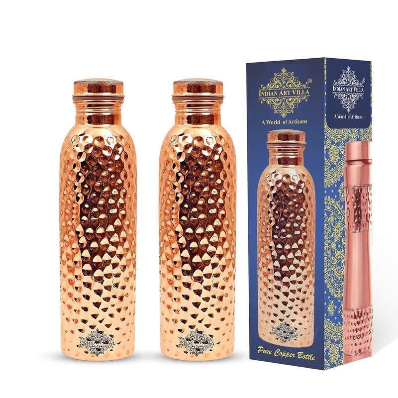 Indian Art Villa Copper Hammered Design Water Bottle 1000 ML Ayurvedic Health Benefits Ideal for Home Office Gym Travel and Gifting Pack of 2 - Image 1
