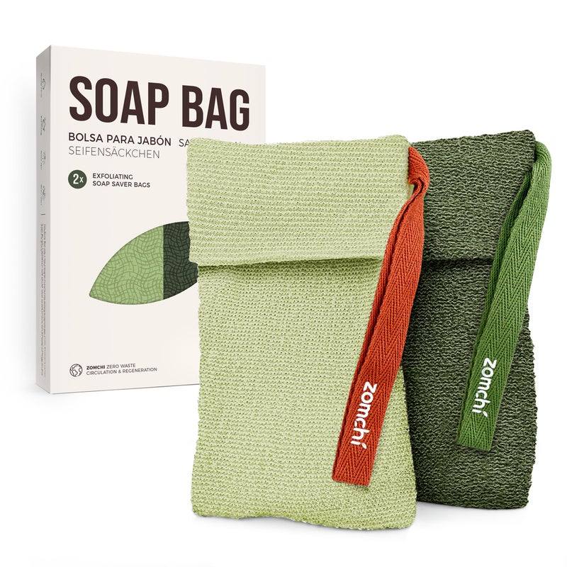 ZOMCHI Exfoliating Bar Soap Pouch, 2 Pack Soap Bags with Coarse & Gentle Mesh for Effective Exfoliation, Soap Saver Bags for Rich Lathering and Deep Cleansing (Olive Green) - Image 1