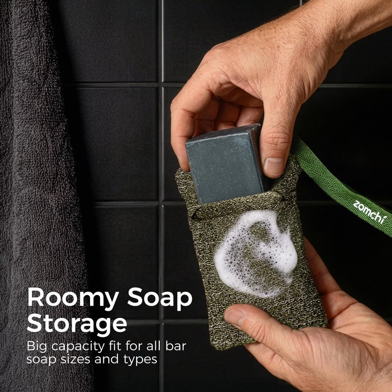 ZOMCHI Exfoliating Bar Soap Pouch, 2 Pack Soap Bags with Coarse & Gentle Mesh for Effective Exfoliation, Soap Saver Bags for Rich Lathering and Deep Cleansing (Olive Green) - Image 2