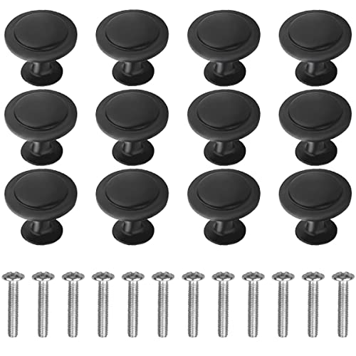 yuntop 12 Pack Black Round Cabinet Hardware Knobs 1.18 Inch Flat Pulls Knob with Screws for Kitchen Drawer Dresser Cupboard Door Handles Matte Cabinets Pull Bathroom Drawers Handle Modern Pulls Handles - Image 1