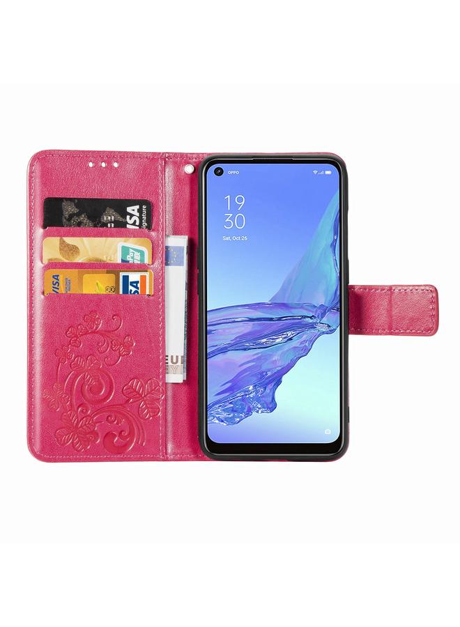 اس-توب جراب لهاتف Oppo A53 2020، جراب جلدي لحماية الهاتف المحمول مزود بمشبك منقوش بأربع أوراق مع حبل وفتحة للبطاقات ومحفظة ووظيفة قوس - Image 4