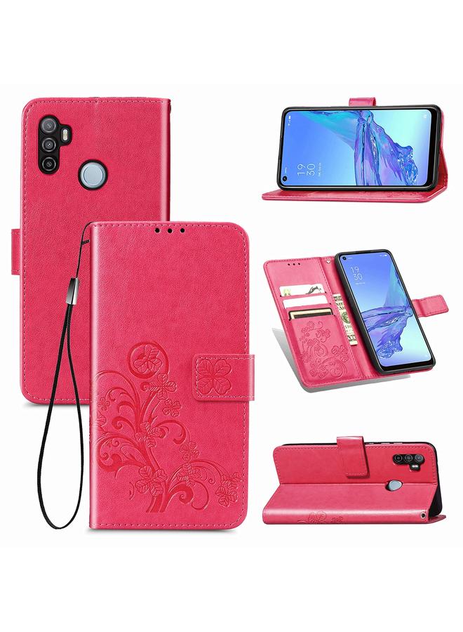 اس-توب جراب لهاتف Oppo A53 2020، جراب جلدي لحماية الهاتف المحمول مزود بمشبك منقوش بأربع أوراق مع حبل وفتحة للبطاقات ومحفظة ووظيفة قوس - Image 1