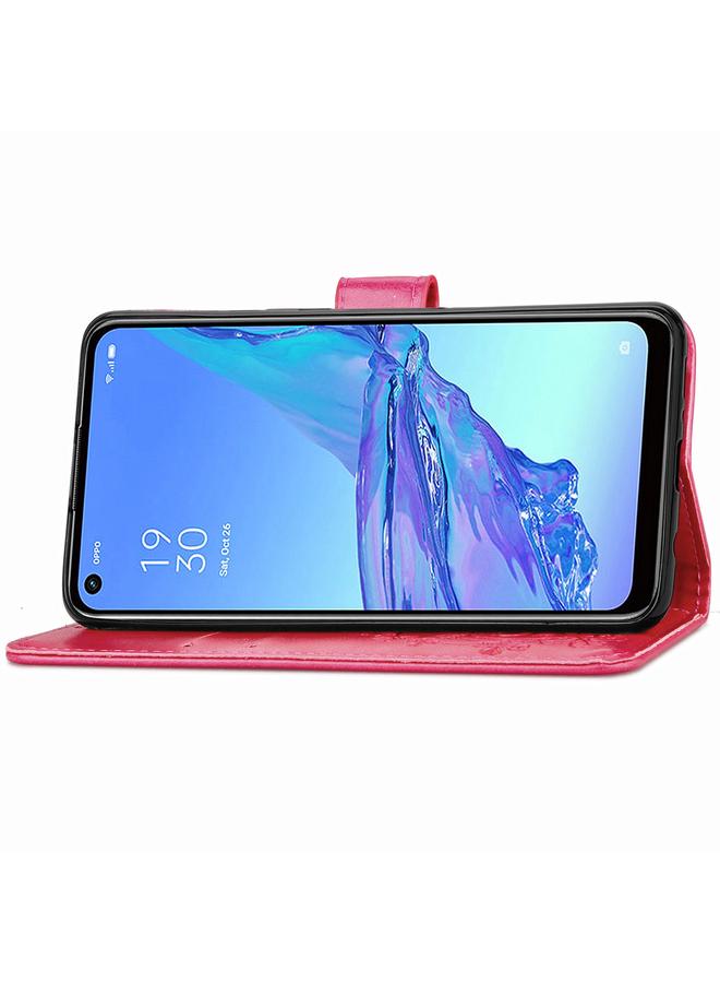 اس-توب جراب لهاتف Oppo A53 2020، جراب جلدي لحماية الهاتف المحمول مزود بمشبك منقوش بأربع أوراق مع حبل وفتحة للبطاقات ومحفظة ووظيفة قوس - Image 5