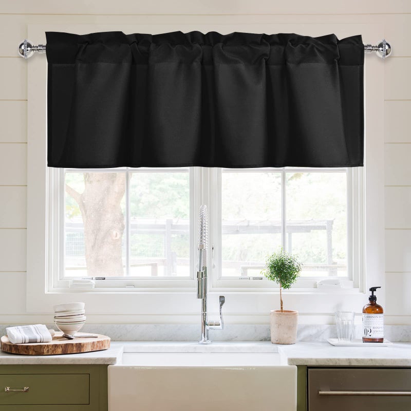 XWZO Kitchen Valances Curtains for Windows Living Room Bedroom Bathroom Toppers Farmhouse Style Rustic Dinning Room Blackout Thermal Insulated Rod Pocket W52 x L18 Inch Length Black 1 Panel