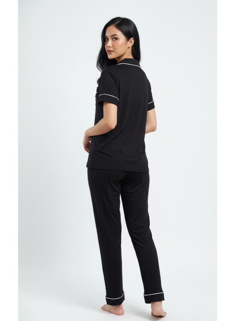 JOANNA Women Pajama Set JOANNA Soft Breathable Nightwear Sleepwear Loungewear Short Sleeve Button Down Top & Full Length Pants Comfortable Relaxed Fit Black - Image 2