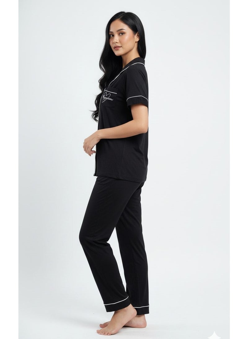 JOANNA Women Pajama Set JOANNA Soft Breathable Nightwear Sleepwear Loungewear Short Sleeve Button Down Top & Full Length Pants Comfortable Relaxed Fit Black - Image 3