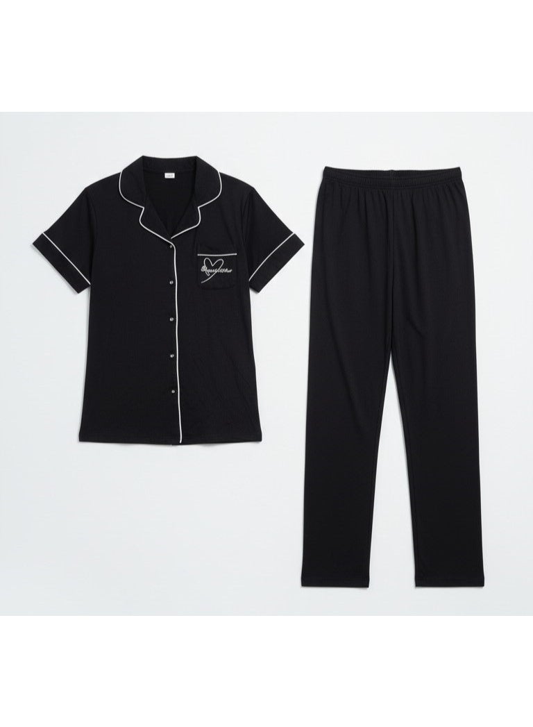 JOANNA Women Pajama Set JOANNA Soft Breathable Nightwear Sleepwear Loungewear Short Sleeve Button Down Top & Full Length Pants Comfortable Relaxed Fit Black - Image 5