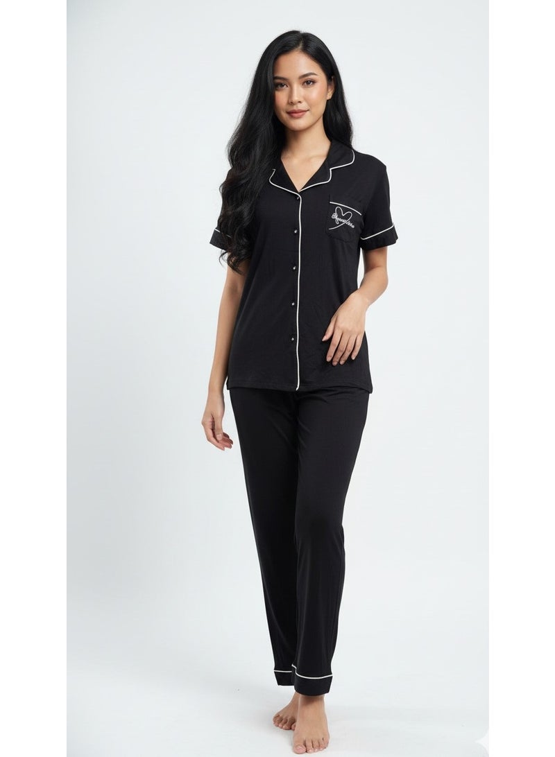 JOANNA Women Pajama Set JOANNA Soft Breathable Nightwear Sleepwear Loungewear Short Sleeve Button Down Top & Full Length Pants Comfortable Relaxed Fit Black - Image 1