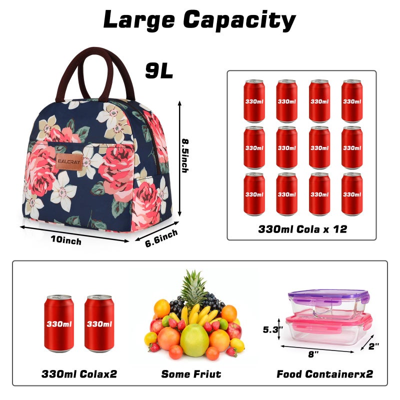 BALORAY Lunch Bag for Women Men Cute Reusable Insulated Lunch Box Large Capacity Lunch Tote Bag for Work, Picnic or Travel(Blue With Big Flower) - Image 3
