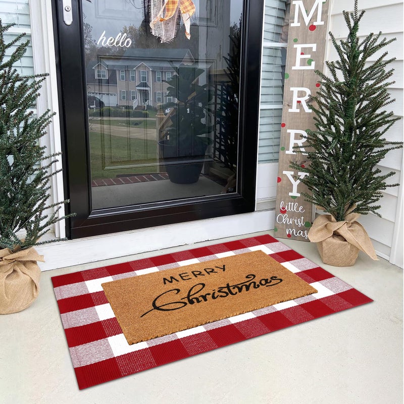 Christmas Door Mat Combo Set  100 Coco Coir Welcome Mat  28 x 43 Inch Red and White Plaid Rug Christmas New Year Holiday Collection Doormat for Front Porch Entryway Decorative