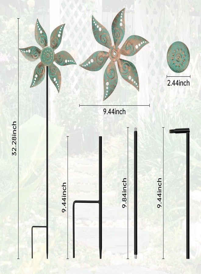 Jusimux 2 Pack Wind Spinners Outdoor Metal Vintage Green, Waterproof Wind Sculptures Garden Pinwheels & Decorative Stakes, Small Windmills for Yard Lawn Patio Outdoor Garden Decor (Type 35) - Image 2