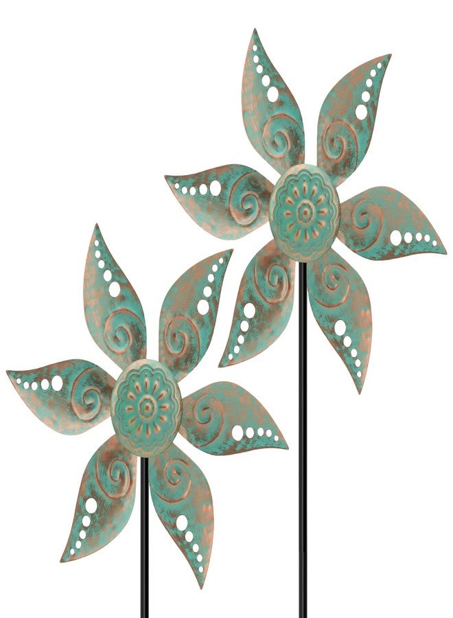 Jusimux 2 Pack Wind Spinners Outdoor Metal Vintage Green, Waterproof Wind Sculptures Garden Pinwheels & Decorative Stakes, Small Windmills for Yard Lawn Patio Outdoor Garden Decor (Type 35) - Image 1