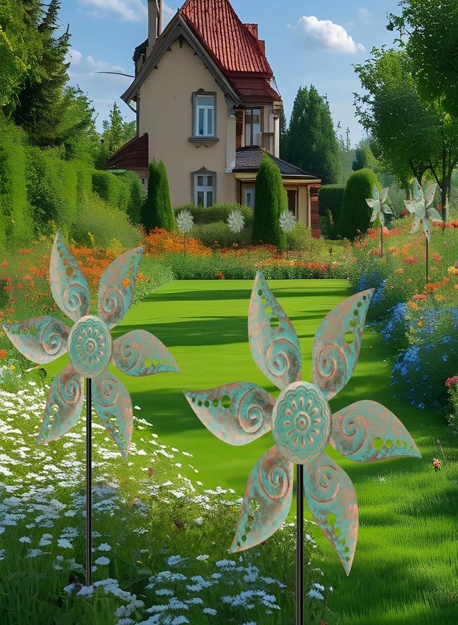 Jusimux 2 Pack Wind Spinners Outdoor Metal Vintage Green, Waterproof Wind Sculptures Garden Pinwheels & Decorative Stakes, Small Windmills for Yard Lawn Patio Outdoor Garden Decor (Type 35) - Image 3