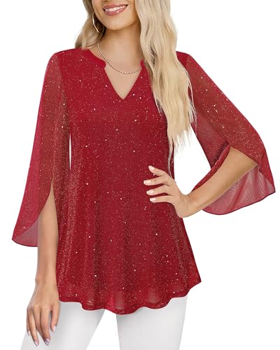 VALOLIA Sparkly Tops for Women, Womens Christmas Tops Dressy Casual Party Shirts For Women Plus Size Flattering Cute Layered Tunic Tops for Women Loose Fit Sparkly Red XX-Large - Image 2