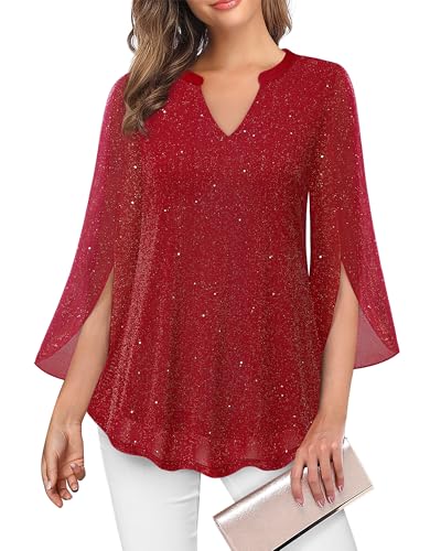 VALOLIA Sparkly Tops for Women, Womens Christmas Tops Dressy Casual Party Shirts For Women Plus Size Flattering Cute Layered Tunic Tops for Women Loose Fit Sparkly Red XX-Large - Image 1
