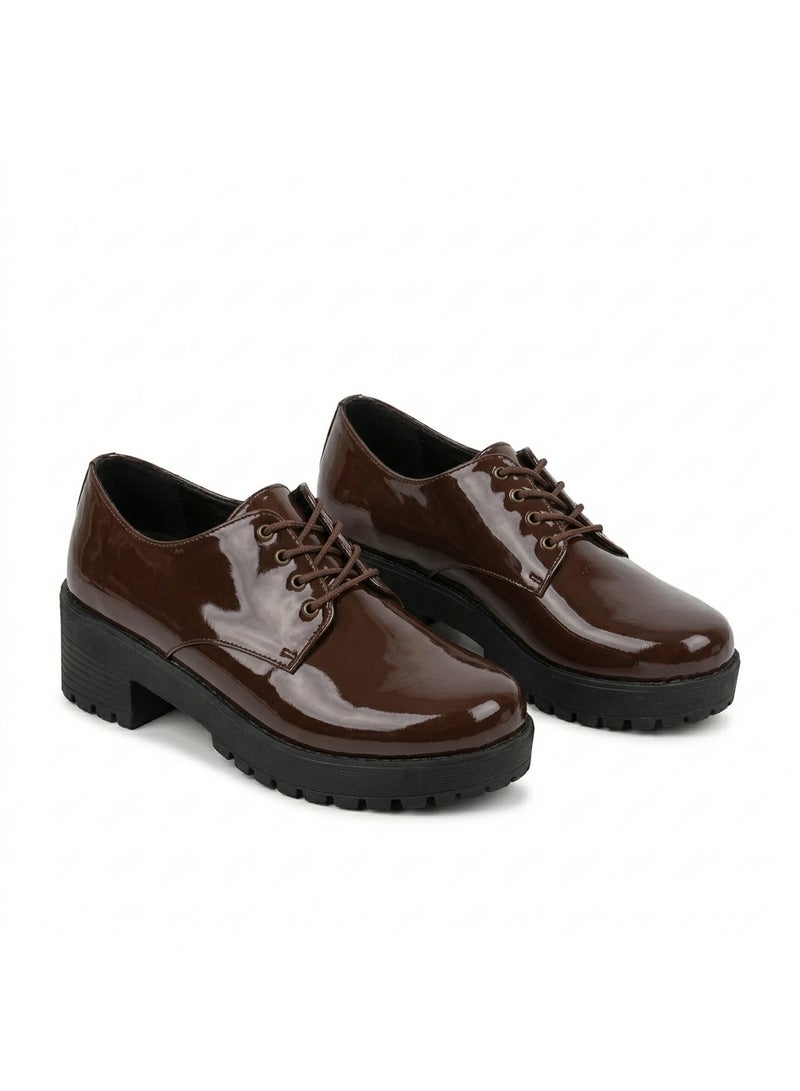 Vbranda Women’s Glossy Lace-Up Shoes with Chunky Sole XF-1-BROWN - Image 3