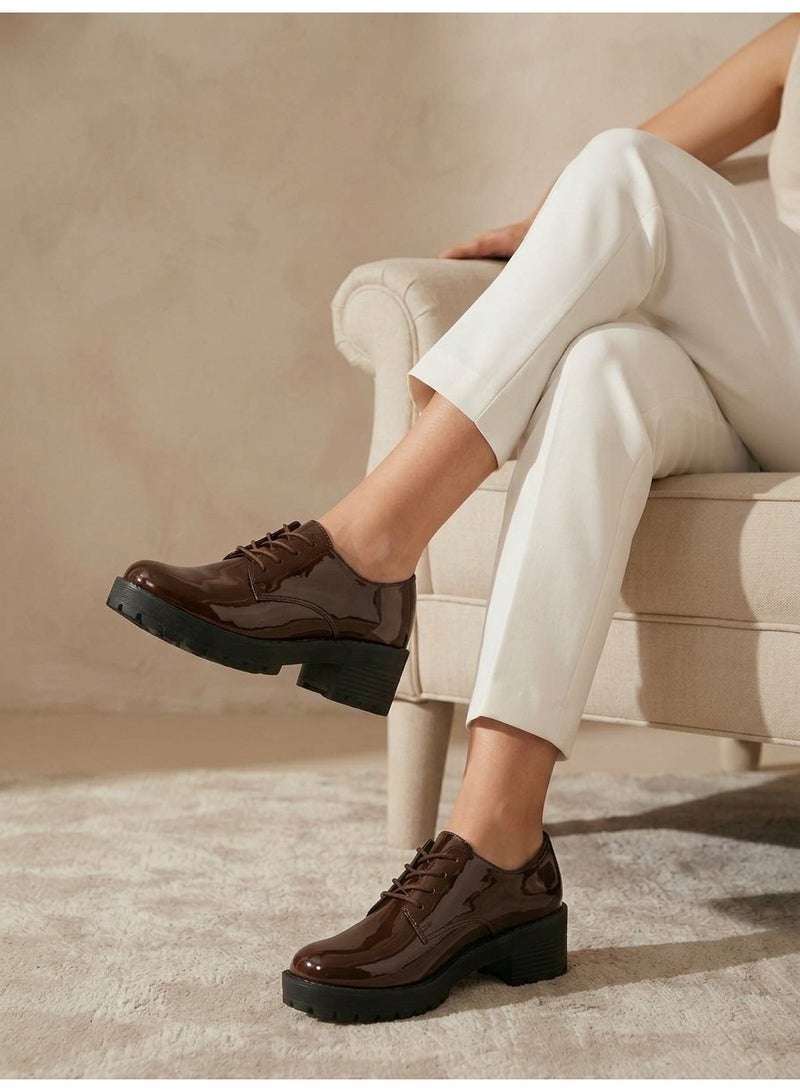 Vbranda Women’s Glossy Lace-Up Shoes with Chunky Sole XF-1-BROWN - Image 1