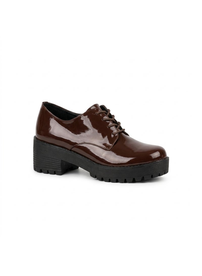 Vbranda Women’s Glossy Lace-Up Shoes with Chunky Sole XF-1-BROWN - Image 2