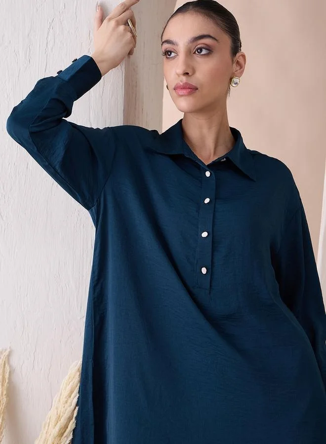 Femmella Femmella Solid Collared Long Tunic and Straight Pants Co-Ords