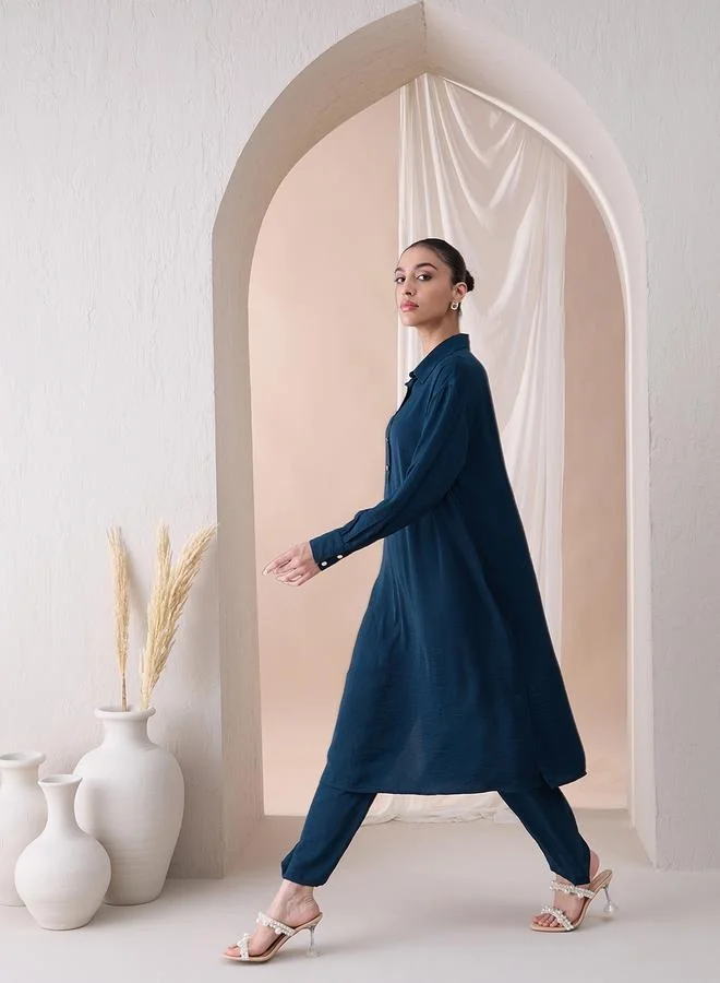 Femmella Femmella Solid Collared Long Tunic and Straight Pants Co-Ords