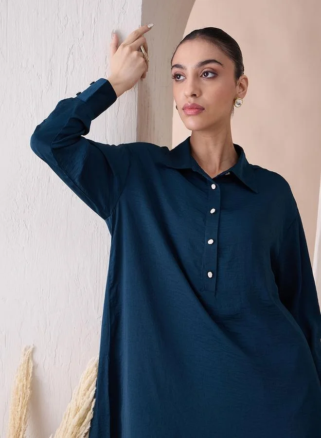Femmella Femmella Solid Collared Long Tunic and Straight Pants Co-Ords