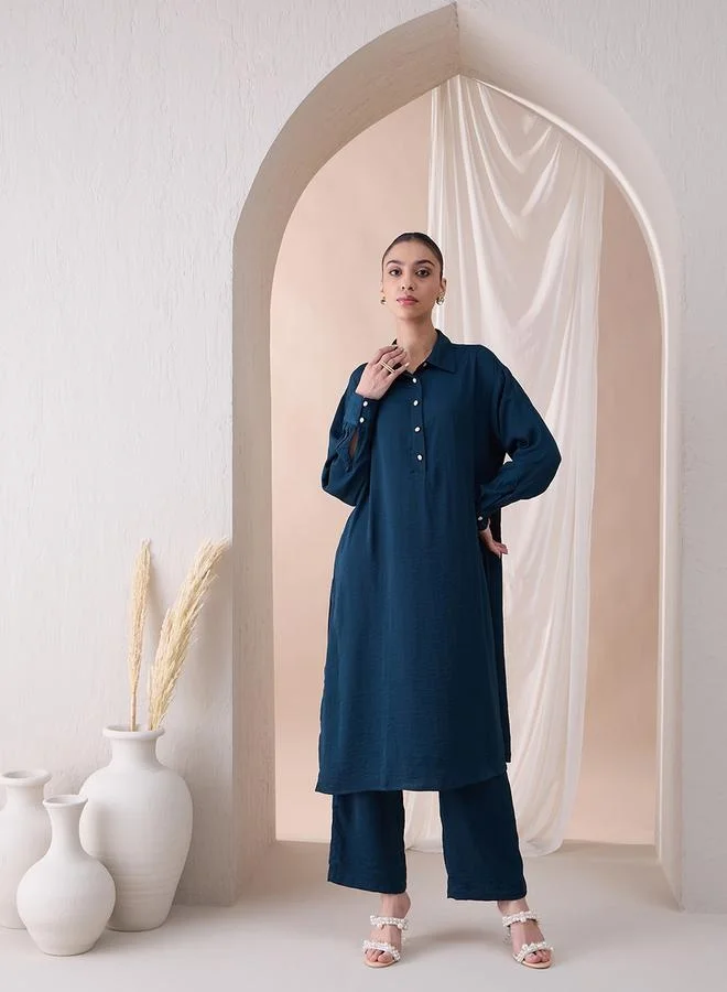 Femmella Femmella Solid Collared Long Tunic and Straight Pants Co-Ords
