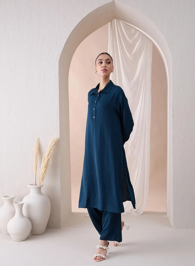 Femmella Femmella Solid Collared Long Tunic and Straight Pants Co-Ords