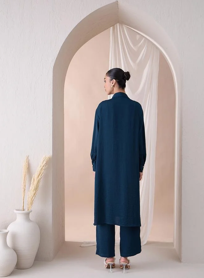 Femmella Femmella Solid Collared Long Tunic and Straight Pants Co-Ords