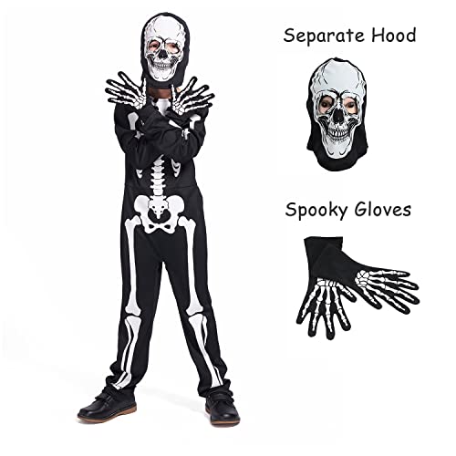 Sincere Party Glow In the Dark Skeleton White Bones Skeleton Costume with Gloves&Hood for Kids 5-7years - Image 2