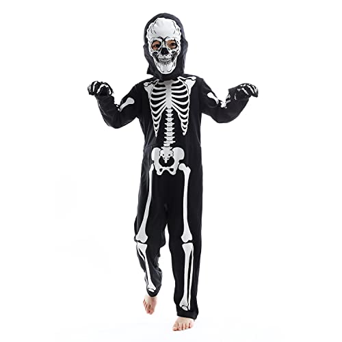 Sincere Party Glow In the Dark Skeleton White Bones Skeleton Costume with Gloves&Hood for Kids 5-7years - Image 5
