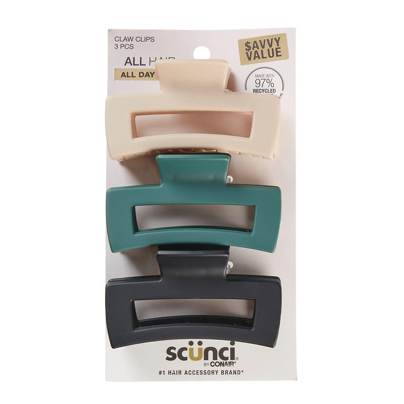 Scunci by Conair Hair 3inch claw clips  hair accessories for women  Ideal for all hair types  trendy hair accessories  Beige Black Green 3 Count
