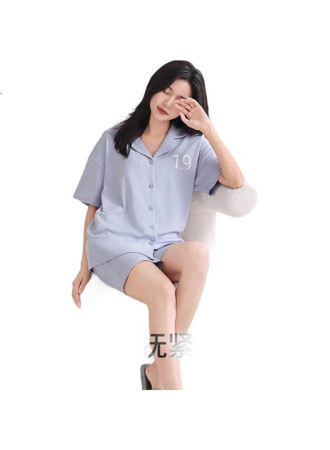 JOAE 100% Cotton High-End Women'S Pajamas Summer Thin Short Sleeve Shorts Cardigan Home Wear Breeze Blue M - Image 2