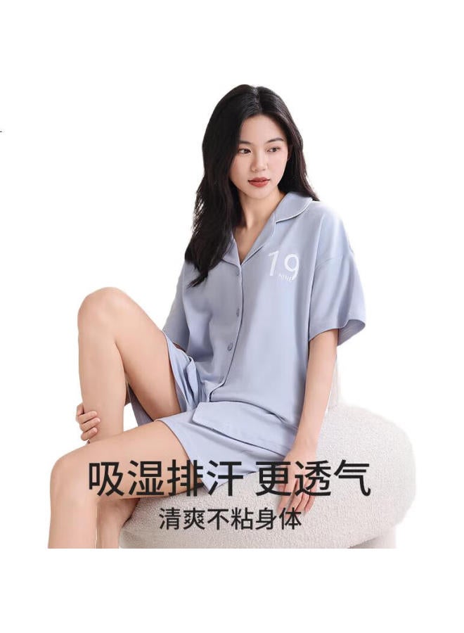 JOAE 100% Cotton High-End Women'S Pajamas Summer Thin Short Sleeve Shorts Cardigan Home Wear Breeze Blue M - Image 3