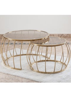 Interlocking Two Coffee tables made of golden stainless steel + glass top 80L x 47H x 80W.