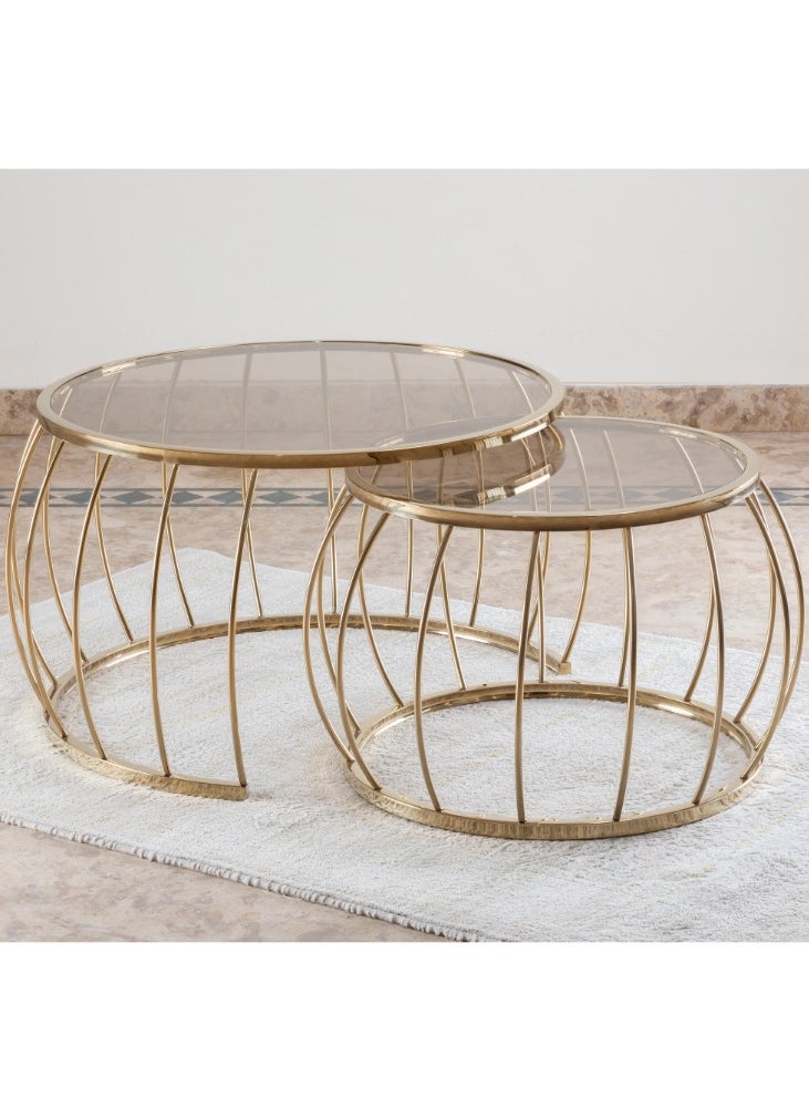 Smart Furniture - Interlocking Two Coffee tables made of golden stainless steel + glass top 80L x 47H x 80W. - Image 1