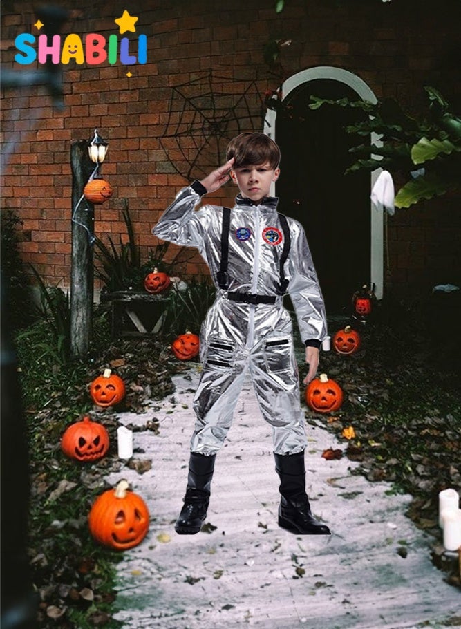 SHABILI Kids Astronaut Space Suit Costume Silver Jumpsuit with Safety Belt, Soft Polyester Spandex Fabric, Realistic Space Role Play Outfit for Boys and Girls, Perfect for School Shows, Career Day, Halloween and Birthday Parties (S/M/L/XL) - Image 2